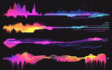 Fototapete - Abstract audio waveforms in vibrant colors, dripping effect, and horizontal lines on a black background