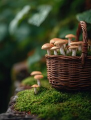Aufkleber - Basket Filled With Freshly Picked Mushrooms Resting on Soft Green Moss in a Tranquil Forest Setting