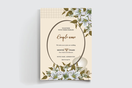 WEDDING INVITATION FRAME WITH FLOWER DECORATIONS AND FRESH LEAVES