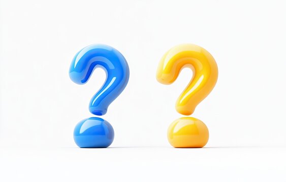 Two vibrant question marks, one blue and one yellow, sit on a white background.  The 3D shapes appear glossy and playful, suggesting a concept of inquiry, curiosity, or a choice