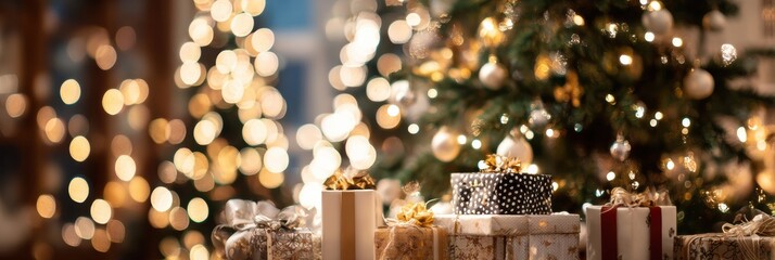 Aufkleber - Christmas Tree Adorned With Lights and Gifts Surrounded by Festive Bokeh