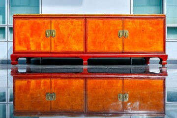 Poster - Brightly colored wooden cabinet reflecting on polished floor in modern interior design setting