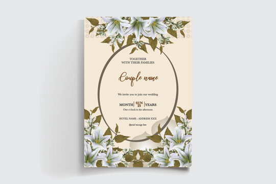 WEDDING INVITATION FRAME WITH FLOWER DECORATIONS AND FRESH LEAVES