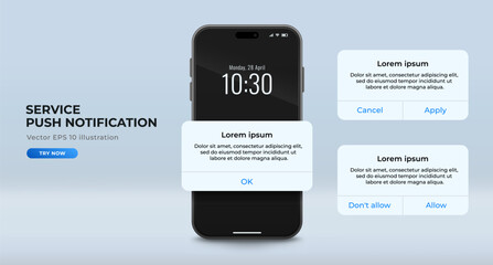 set of service or system pop-up push notification templates with realistic smartphone. reminder mess