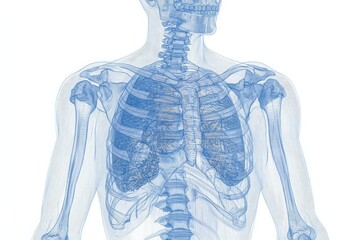 Poster - 3D anatomical illustration of the human skeleton and respiratory system for educational purposes