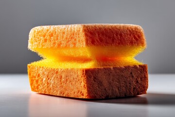 Poster - Unique perspective of a kitchen sponge highlighting its vibrant colors and texture under soft lighting