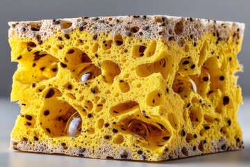 Poster - Unique close-up of a vibrant yellow sponge showcasing intricate textures and air pockets