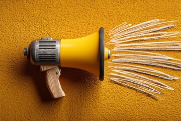 Aufkleber - Bright yellow megaphone against a bold orange wall with sound waves illustrated in chalk