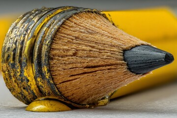 Poster - Close-up view of a sharpened yellow pencil with worn edges and visible texture captured in bright light