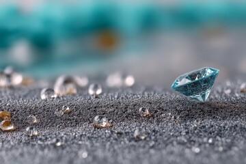 Poster - Close-up of sparkling crystal diamond surrounded by water droplets on textured surface