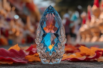 Poster - Colorful crystal ornament with intricate details placed among autumn leaves during a vibrant outdoor festival