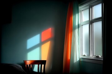 Aufkleber - Morning sunlight streaming through a colorful window in a cozy room with a wooden chair