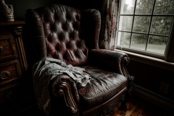 Aufkleber - Cozy leather armchair by a rainy window, inviting relaxation and comfort during a quiet afternoon at home