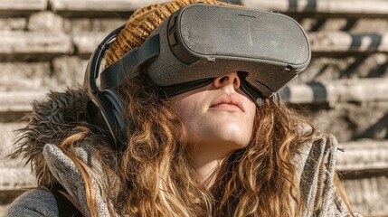 Poster - woman wearing virtual reality simulator on steps,photo stocks