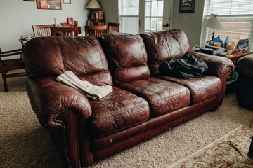 Poster - Brown leather sofa with casual clothing items in a cozy living room setting