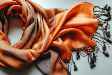 Poster - Elegant orange and brown scarf draped artistically on a light surface for fashion display or textile promotion
