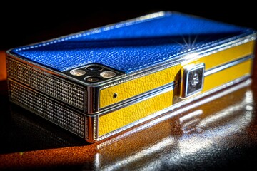 Leinwandbilder - Luxurious smartphone with unique design showcased on a reflective surface in vibrant blue and yellow colors
