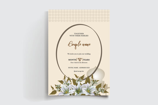 WEDDING INVITATION FRAME WITH FLOWER DECORATIONS AND FRESH LEAVES
