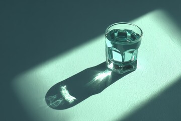 Aufkleber - Clear glass filled with water casting a soft shadow on a pale surface illuminated by sunlight