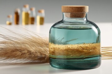 Poster - Beautiful glass bottle with water and dried grass placed on a minimalist table setting