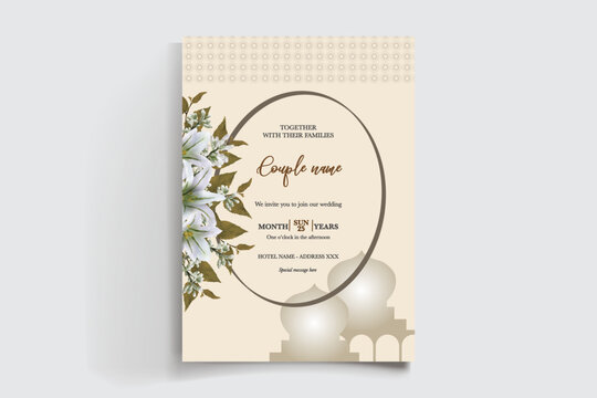 WEDDING INVITATION FRAME WITH FLOWER DECORATIONS AND FRESH LEAVES