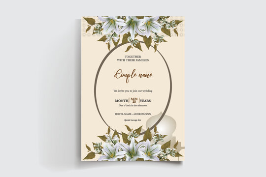 WEDDING INVITATION FRAME WITH FLOWER DECORATIONS AND FRESH LEAVES