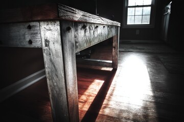 Fototapete - Wooden table illuminated by natural light in a cozy interior space during late afternoon