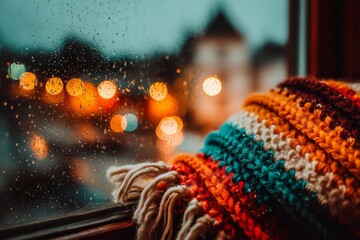 Aufkleber - Cozy evening by the window with warm blankets and raindrops glistening on the glass in a charming urban setting