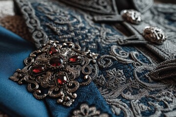 Aufkleber - Detailed ornate costume pieces featuring intricate embroidery and metallic embellishments on a vibrant fabric