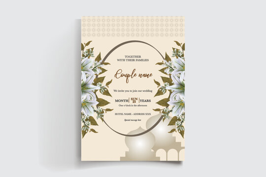 WEDDING INVITATION FRAME WITH FLOWER DECORATIONS AND FRESH LEAVES