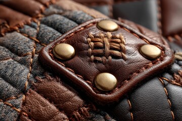 Leinwandbilder - Detailed close-up of a textured leather and fabric surface with decorative stitching and metallic rivets in natural lighting
