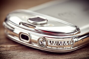 Poster - Close-up view of a vintage smartphone showcasing its elegant design and features on a wooden surface