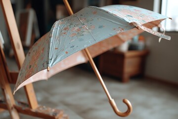 Poster - Decorative umbrella resting indoors on a wooden stand with soft natural light filtering through the window