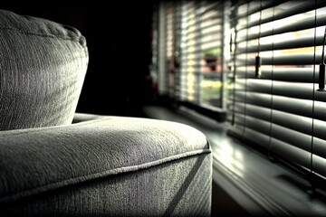 Aufkleber - Soft gray sofa positioned near bright window with blinds during sunlight afternoon in a cozy living room
