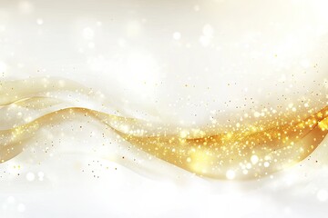 Poster - Elegant gold waves on a light background with shimmering particles.  Soft flowing golden curves over a white backdrop.  Delicate gold glitter accents the waves