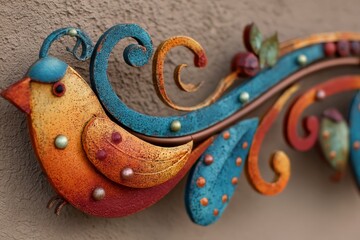 Aufkleber - Colorful metal bird decoration enhances the aesthetic of a textured wall in a bright, artistic setting