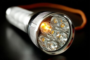 Poster - LED flashlight with multiple bulbs illuminating in dark setting showcasing advanced lighting technology and design
