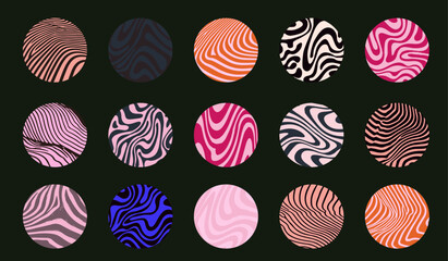 Fototapete - Vector illustration of abstract circles with colorful, wavy, and striped patterns. Each circle has a unique design and color scheme on a dark background, creating a modern, artistic look.