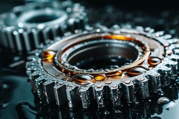 Leinwandbilder - Close-up view of shiny metallic gears with droplets on a dark reflective surface