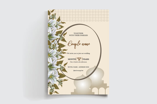 WEDDING INVITATION FRAME WITH FLOWER DECORATIONS AND FRESH LEAVES