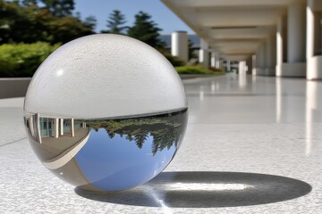 Aufkleber - Glass sphere showing a reflection of a peaceful garden pathway in a modern architectural setting during daylight