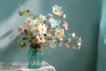 Poster - Bright and colorful flower arrangement in a glass jar on a rustic table against a soft blue background