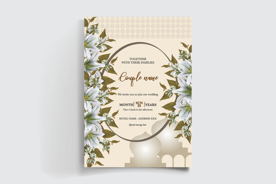 WEDDING INVITATION FRAME WITH FLOWER DECORATIONS AND FRESH LEAVES
