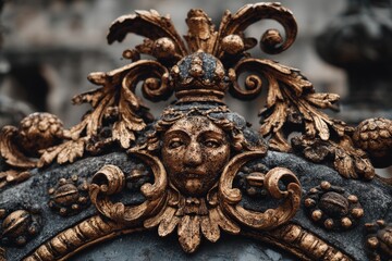 Poster - Decorative golden sculpture featuring a detailed human face amid ornate foliage in an urban setting during daylight