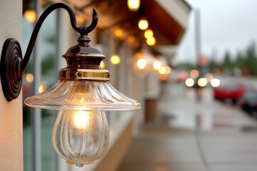 Aufkleber - Warm glowing lamp illuminates a rainy evening sidewalk in a charming small town