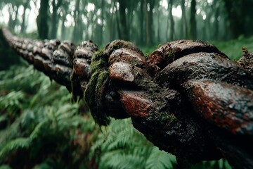 Fototapete - Thick, twisted rope covered in moss lying on forest floor in misty wooded area during early morning