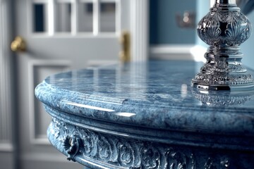 Poster - Elegant blue marble table with ornate detailing and a polished finish in an upscale interior setting