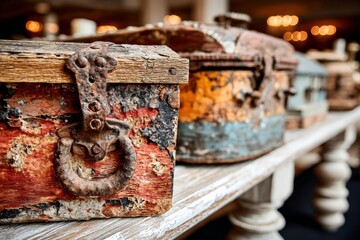 Poster - Vintage trunks displayed on a rustic table in a cozy interior showcasing their weathered charm and historical significance