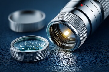 Poster - Close-up view of a flashlight and lens on a dark textured surface highlighting details of the design and materials