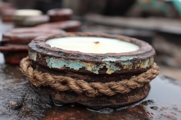 Poster - Rusty candle holders adorned with rope at a maritime location during cloudy weather